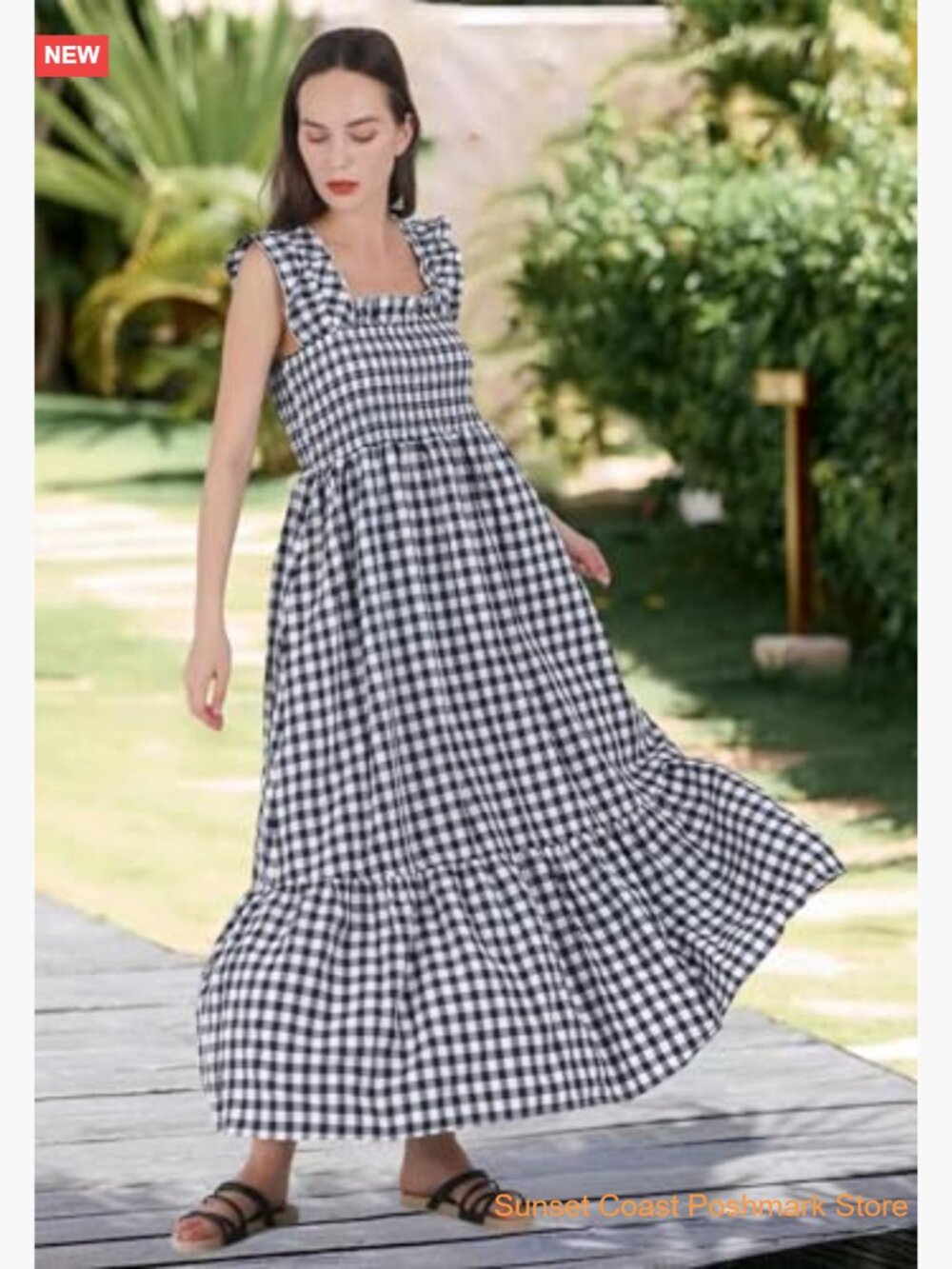 Retro Plaid Smocked Dress Spaghetti Strap Flounce Long Dress - Picture 3 of 7